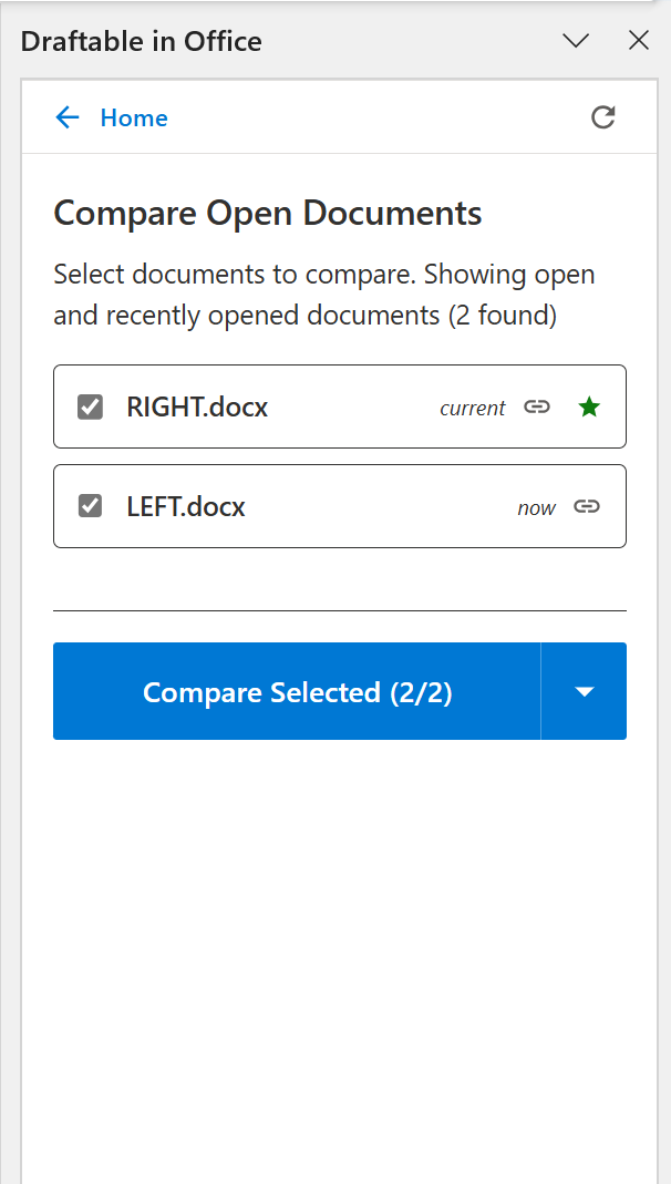 Compare Open Documents interface showing open Word files