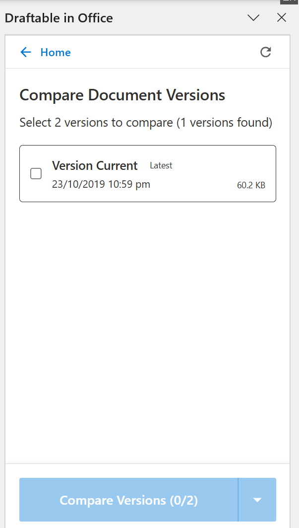 Compare Versions interface showing document version history