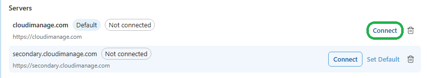 The Connect button on an iManage server in the Servers list in Draftable Legal 26.6