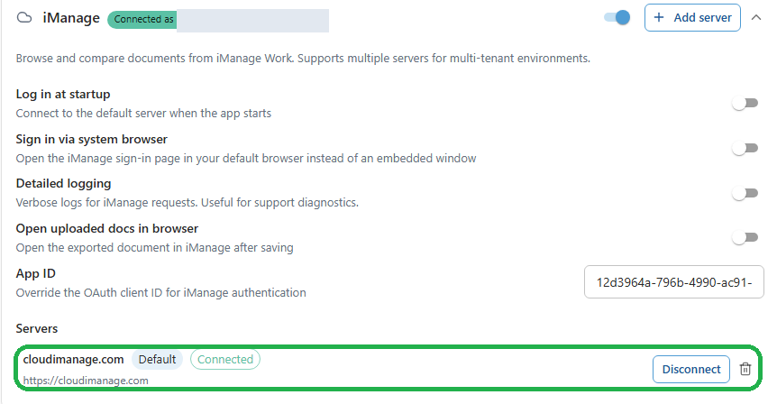 A validated iManage connection in Draftable Legal 26.6, showing the Connected status and the Disconnect button