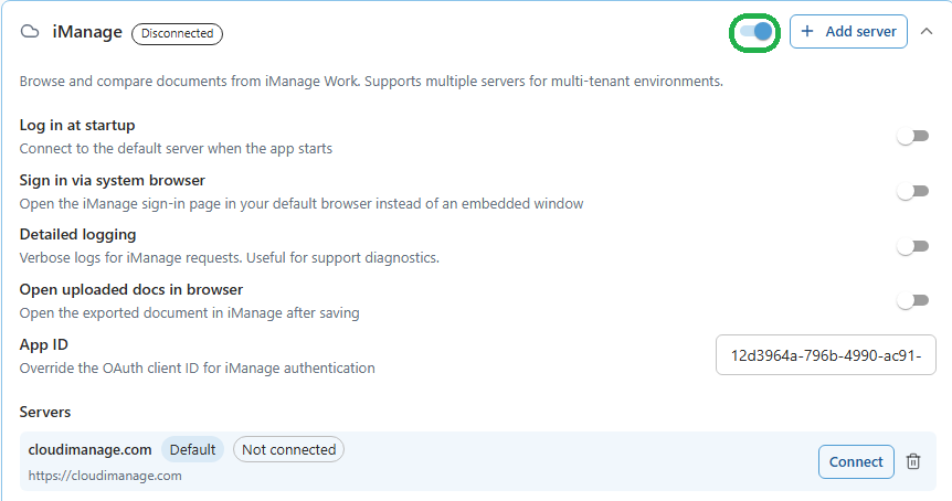 Enabling the iManage integration with the toggle in DMS Connections