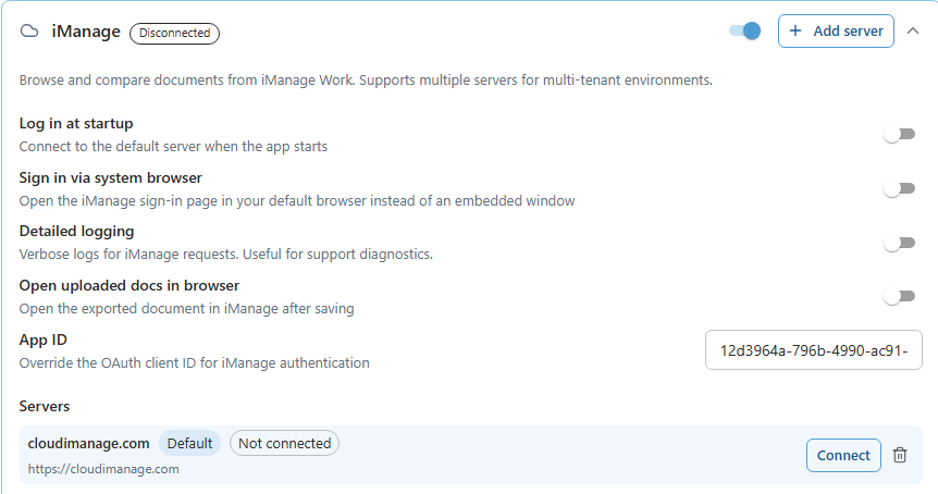 The iManage settings expanded under DMS Connections in Draftable Legal 26.6