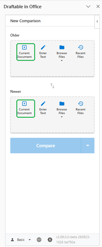Draftable in Office 2.69 comparison panel in PowerPoint with presentation document icons