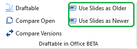 Draftable in Office 2.69 PowerPoint ribbon with slide comparison buttons