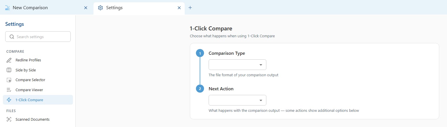 1-Click Compare settings in Draftable Legal 26.6