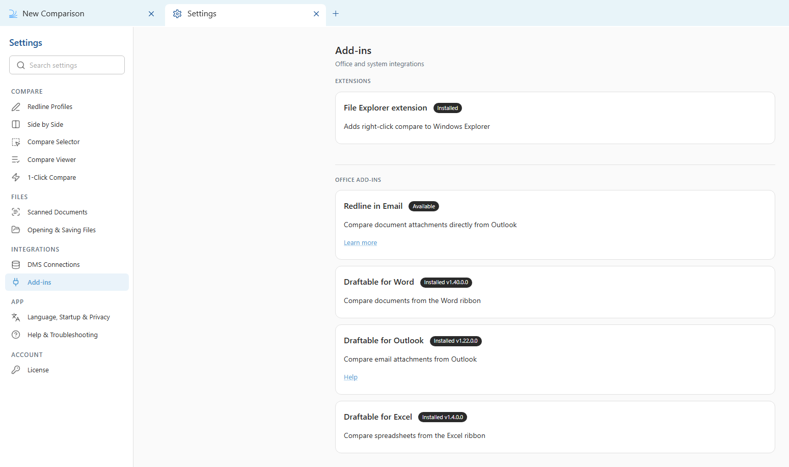 Add-ins settings in Draftable Legal 26.6