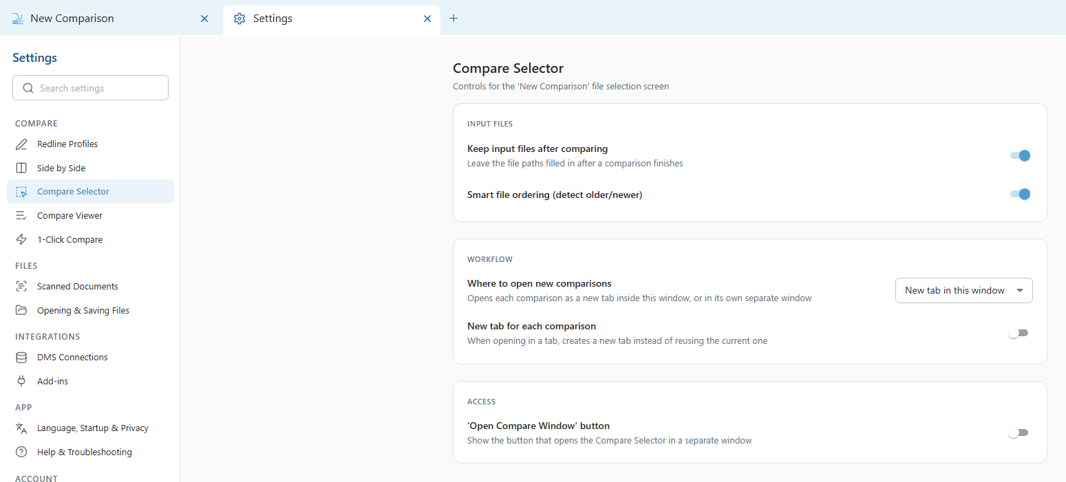 Compare Selector settings in Draftable Legal 26.6