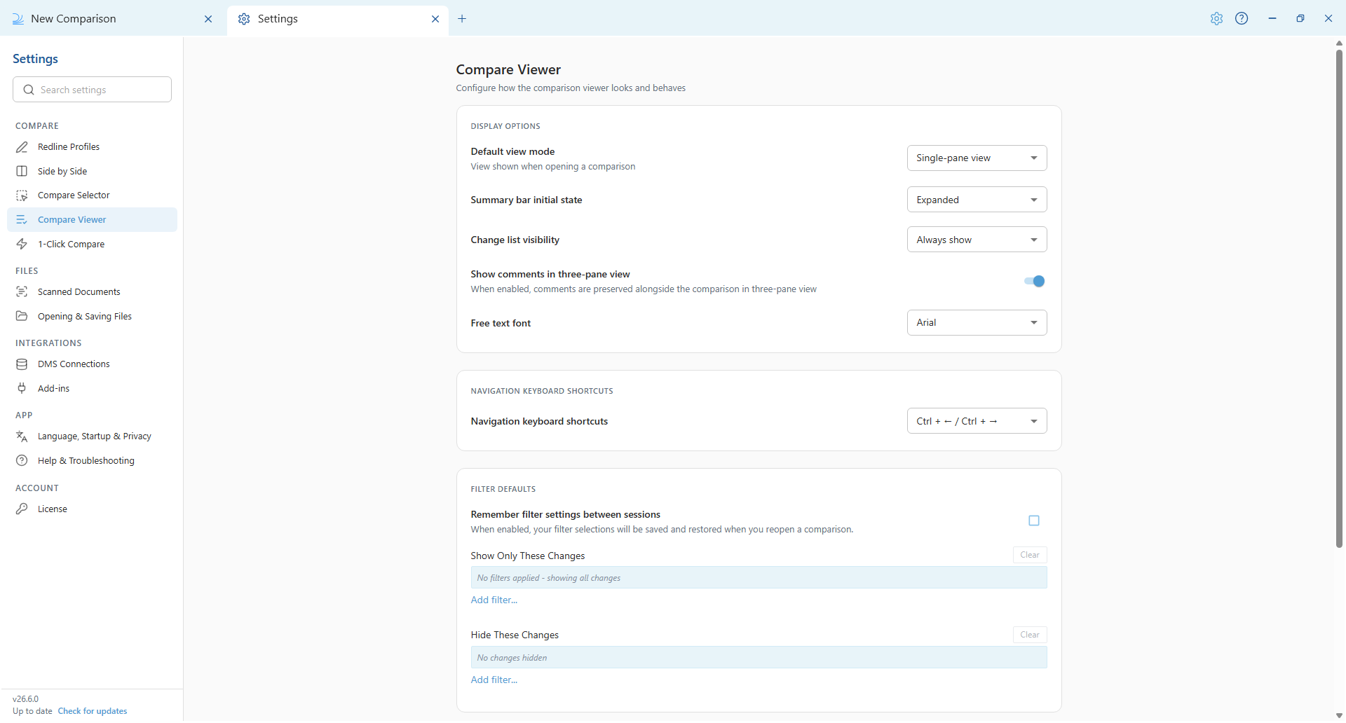 Compare Viewer settings in Draftable Legal 26.6