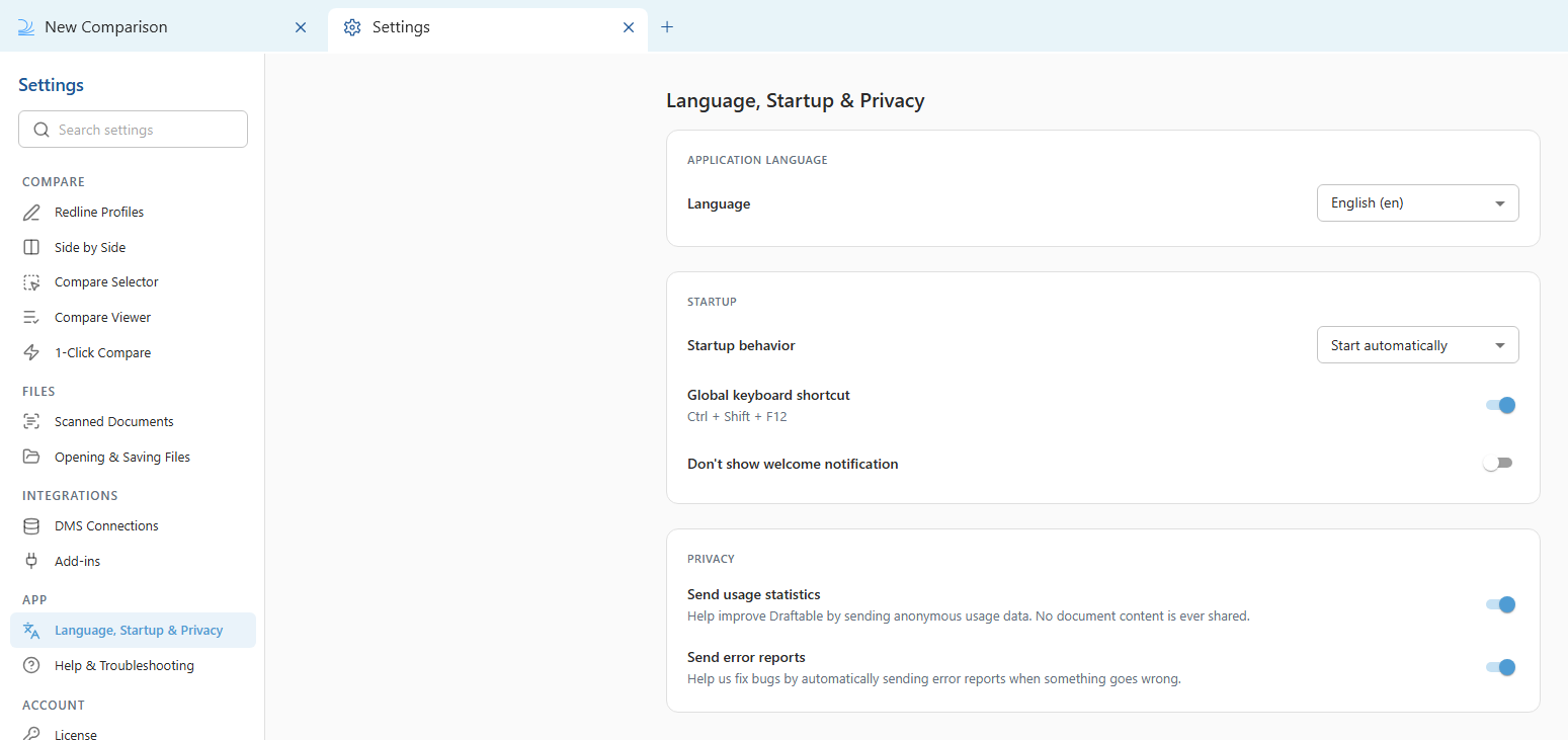 Language, Startup and Privacy settings in Draftable Legal 26.6