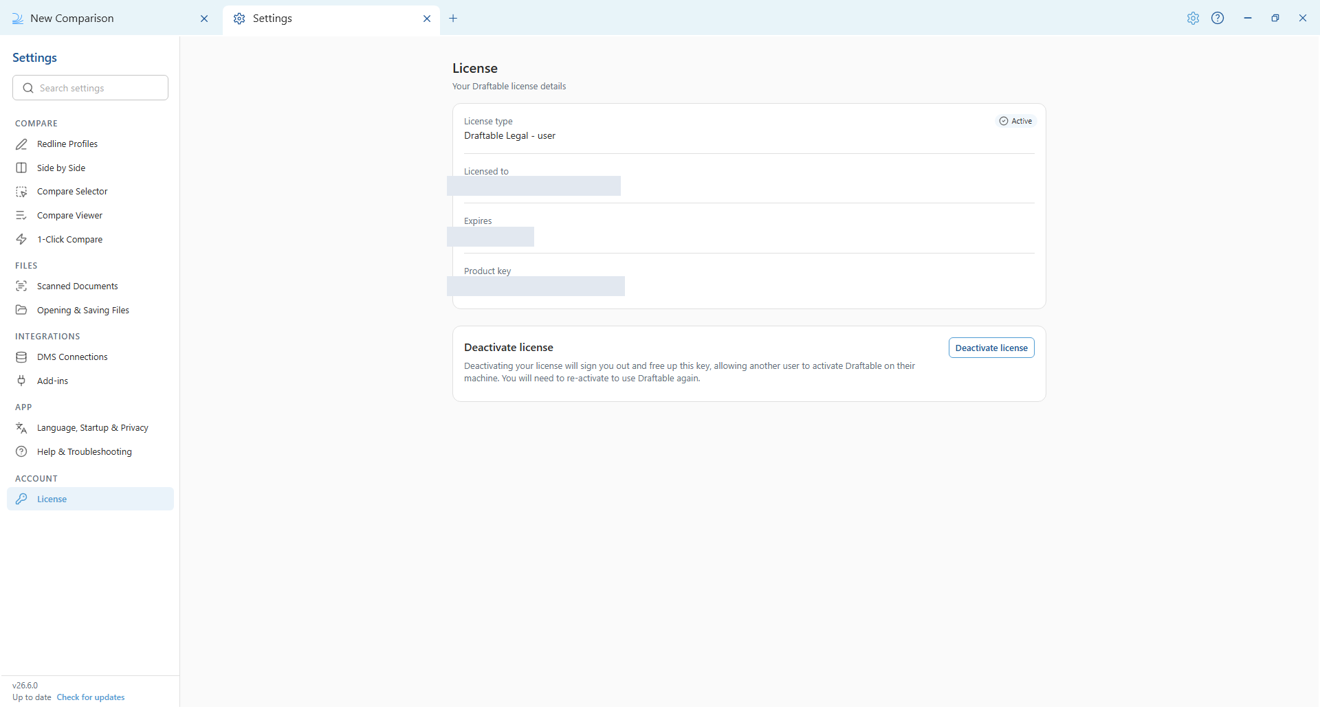 License settings in Draftable Legal 26.6