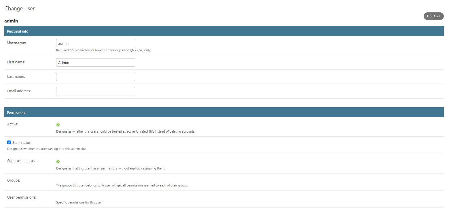 Personal info and permissions section of the user account page