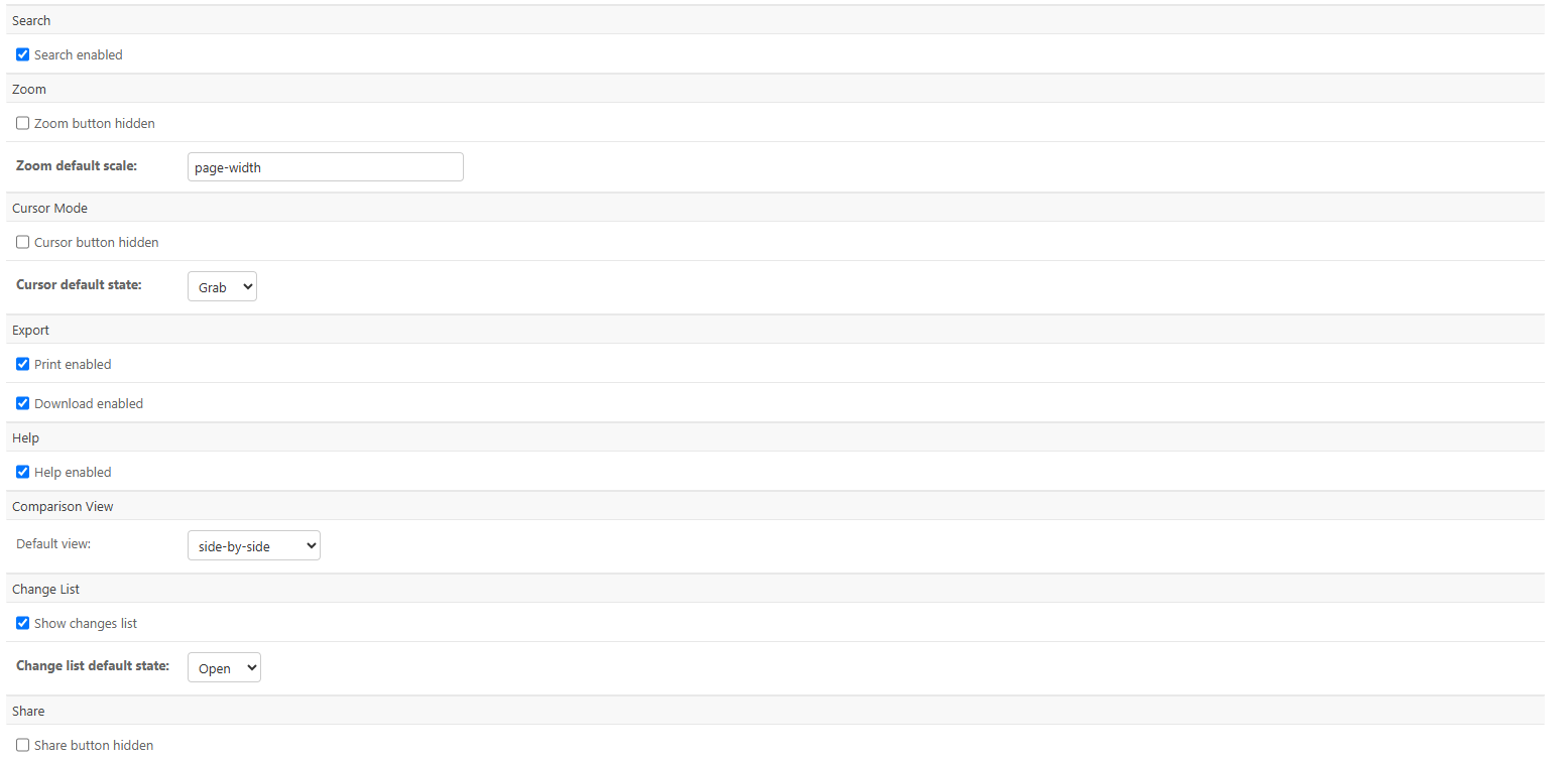 Search, zoom, cursor, export, help, comparison view, change list and share controls