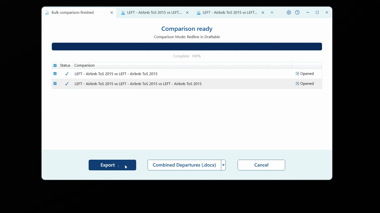 The finished comparison screen with the Export button and Combined Departures format option