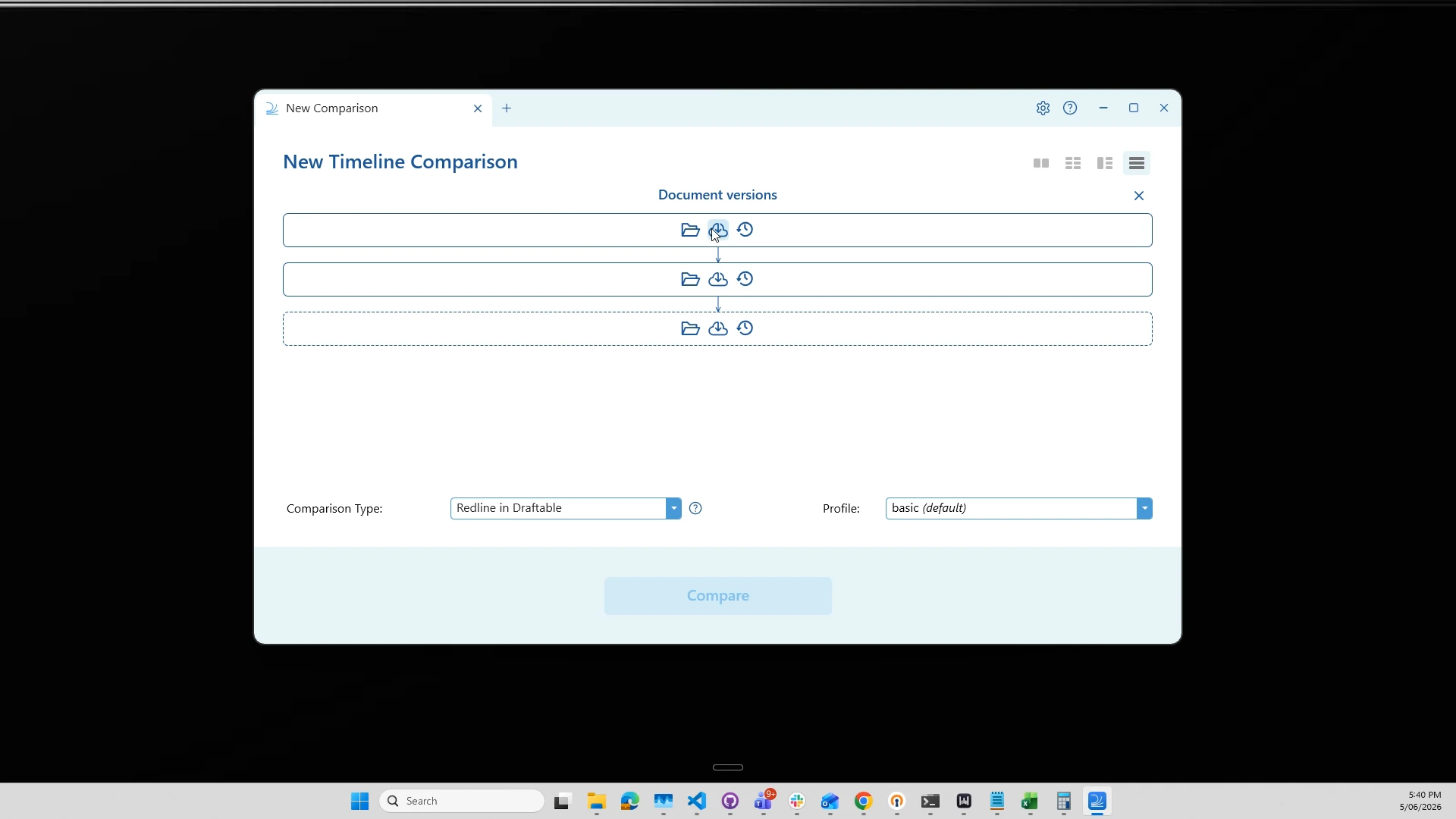 The empty Timeline layout with stacked document slots