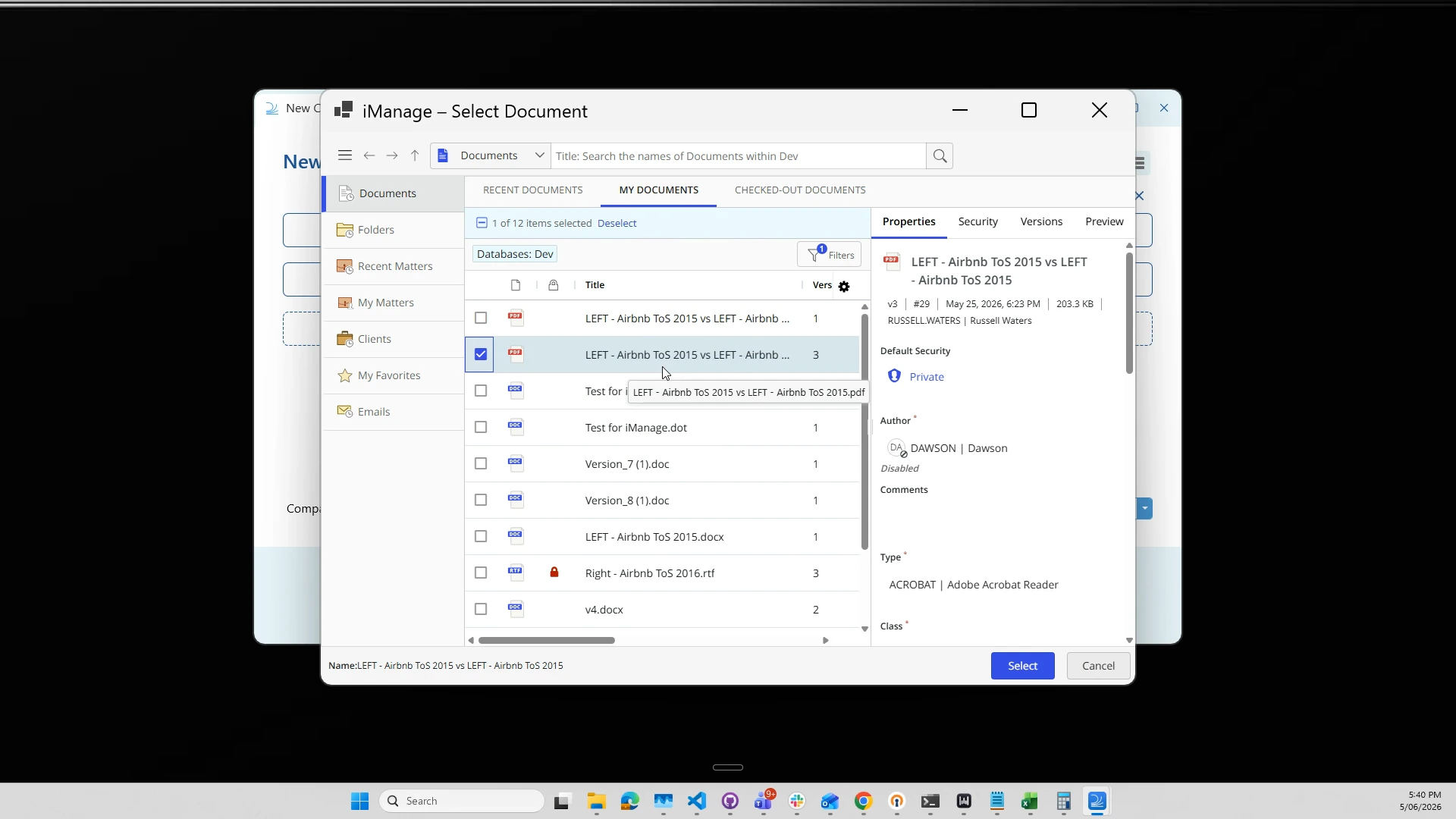 Selecting document versions from iManage