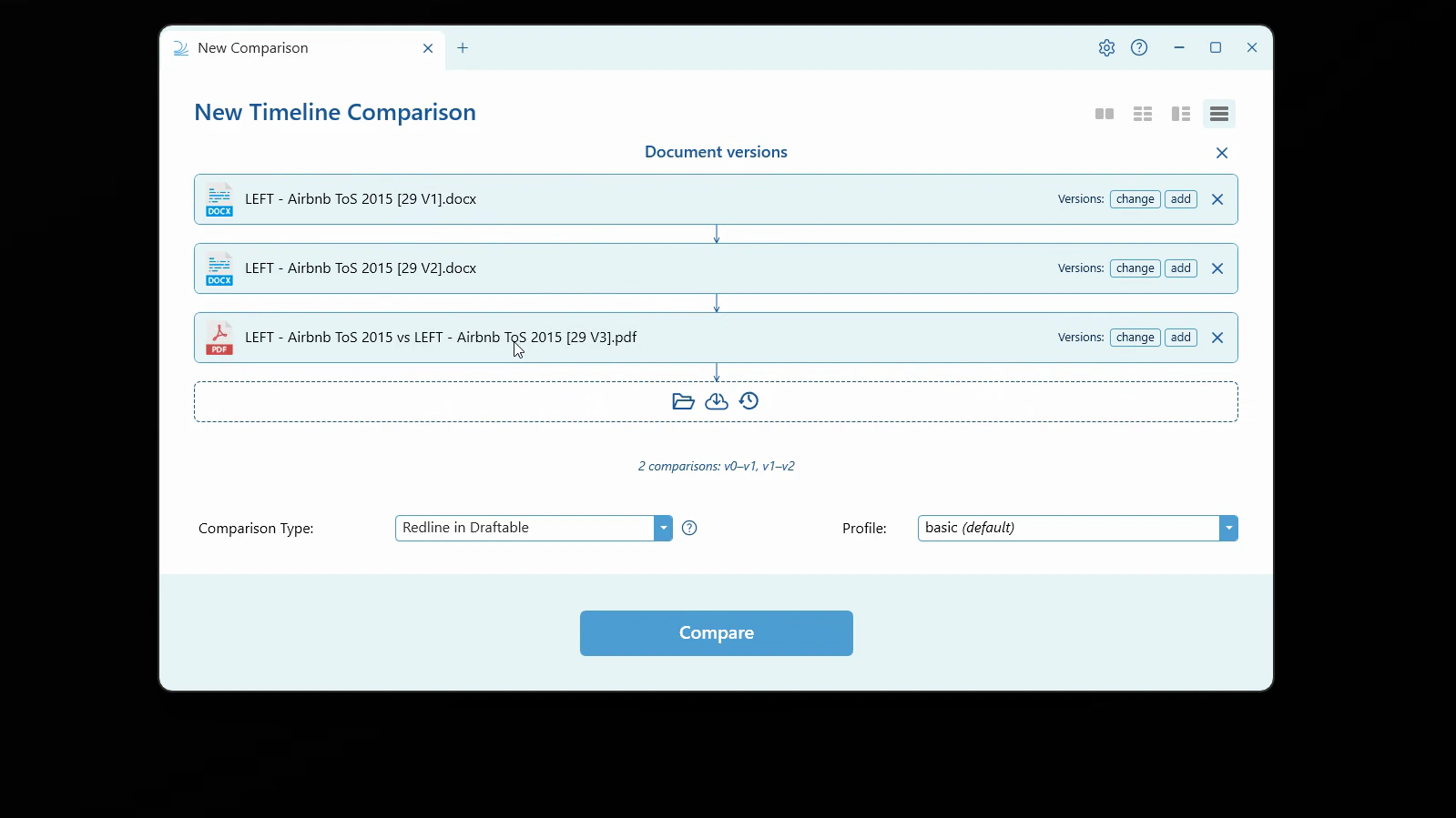 Three versions loaded, showing the comparison summary and per-row version controls