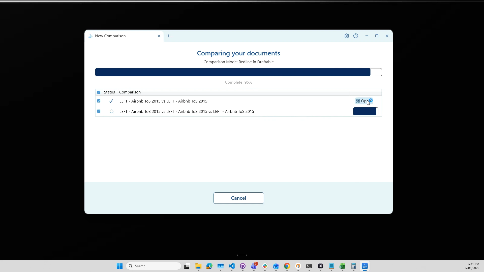 Individual comparisons completing, each with an Open button