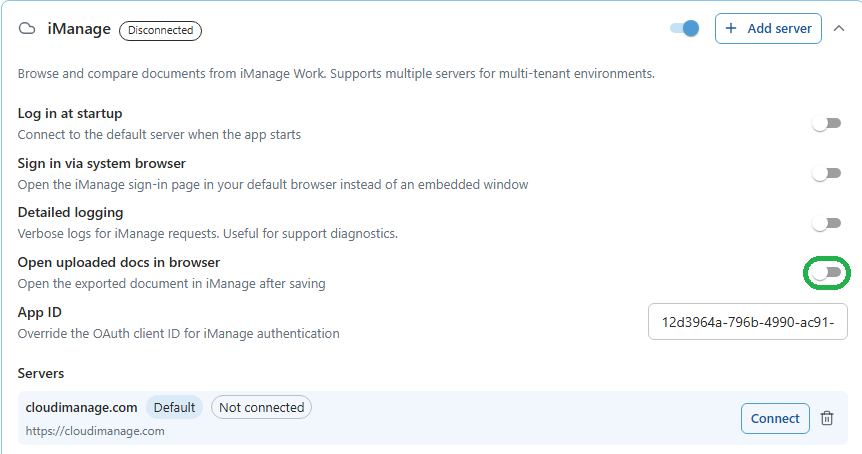 The Open uploaded docs in browser toggle in the iManage section of DMS Connections in Draftable Legal 26.6