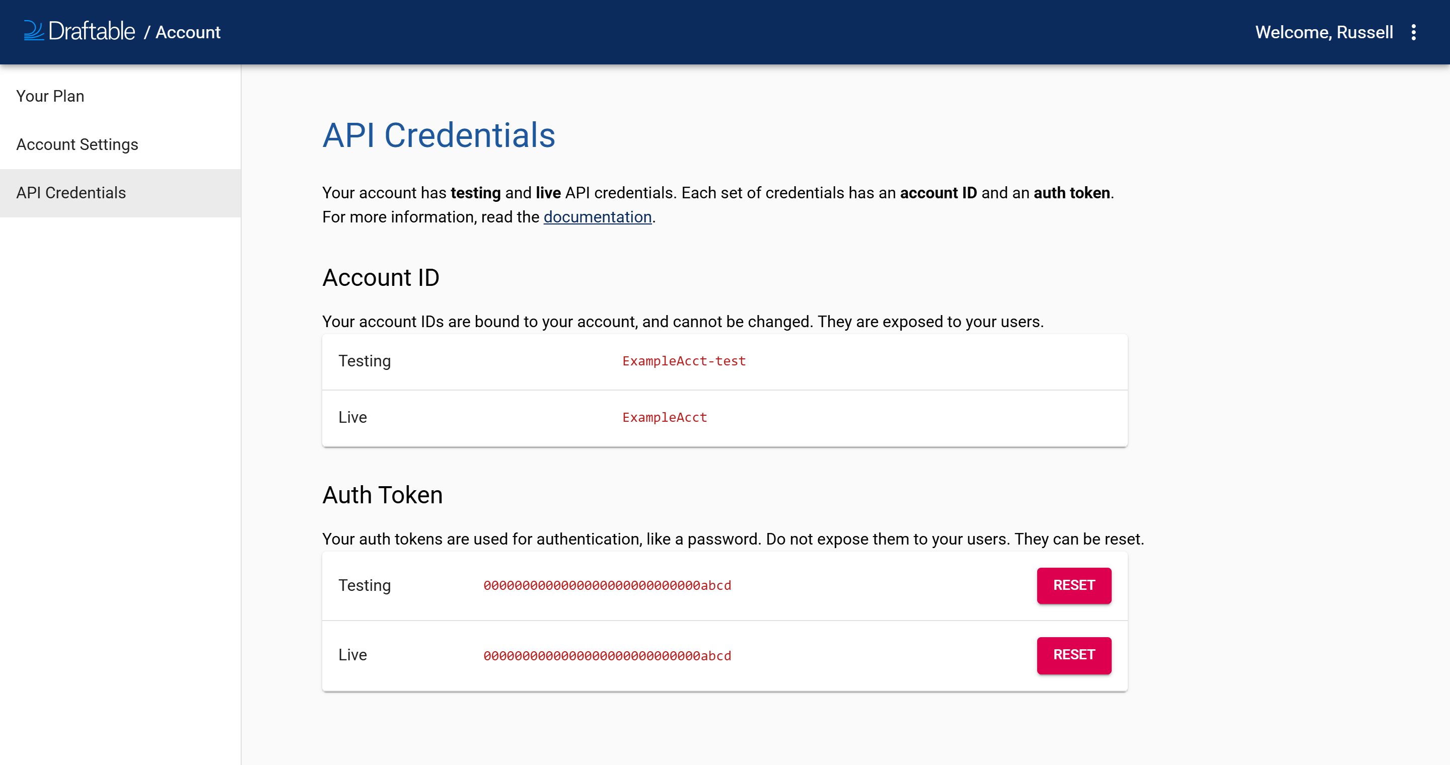 The API Credentials page in a Draftable account, showing the Account ID section with testing and live IDs, and the Auth Token section with a RESET button beside each token