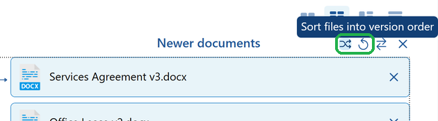 Sort and Undo sort icons in the Newer documents header, with the Sort files into version order tooltip visible
