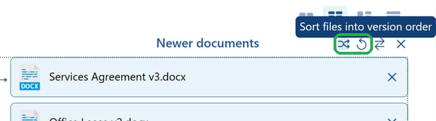 Sort and Undo sort icons in the Newer documents header, with the Sort files into version order tooltip visible