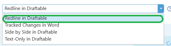 Comparison Type dropdown open showing all options - Redline in Draftable, Tracked Changes in Word, Side by Side in Draftable, and Text-Only in Draftable - with Redline in Draftable highlighted