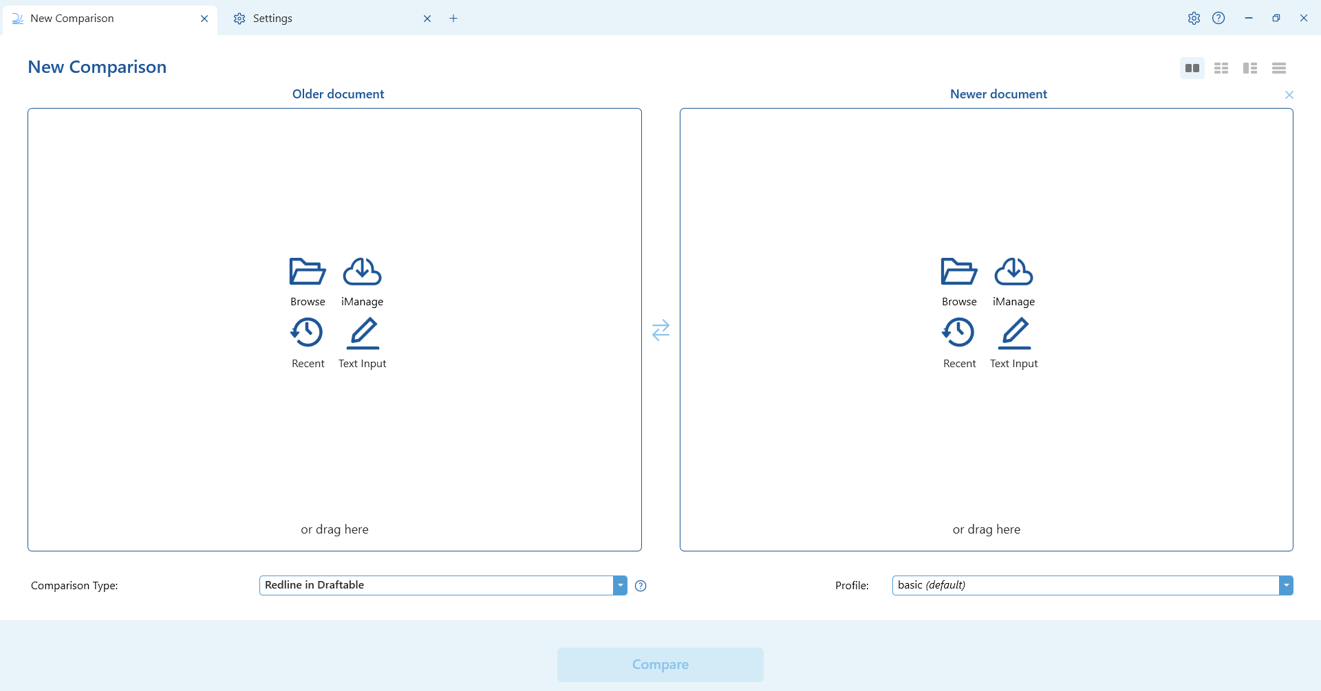 Draftable Legal New Comparison window in 26.6 with empty Older document and Newer document slots, Browse, iManage, Recent, and Text Input options, the Comparison Type and Profile dropdowns, and the Compare button