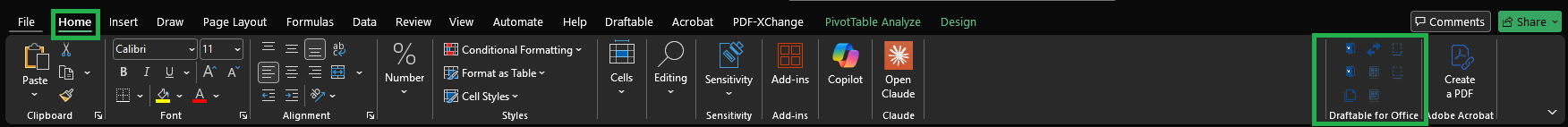 Draftable for Office add-in in the Home tab of Microsoft Excel