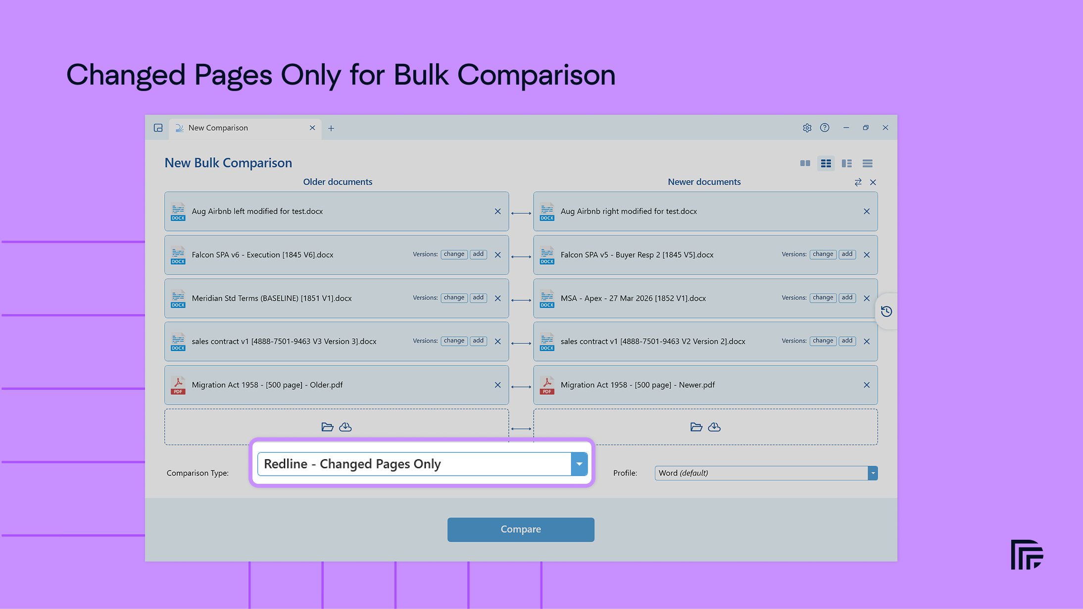 Changed Pages Only selected for a bulk comparison