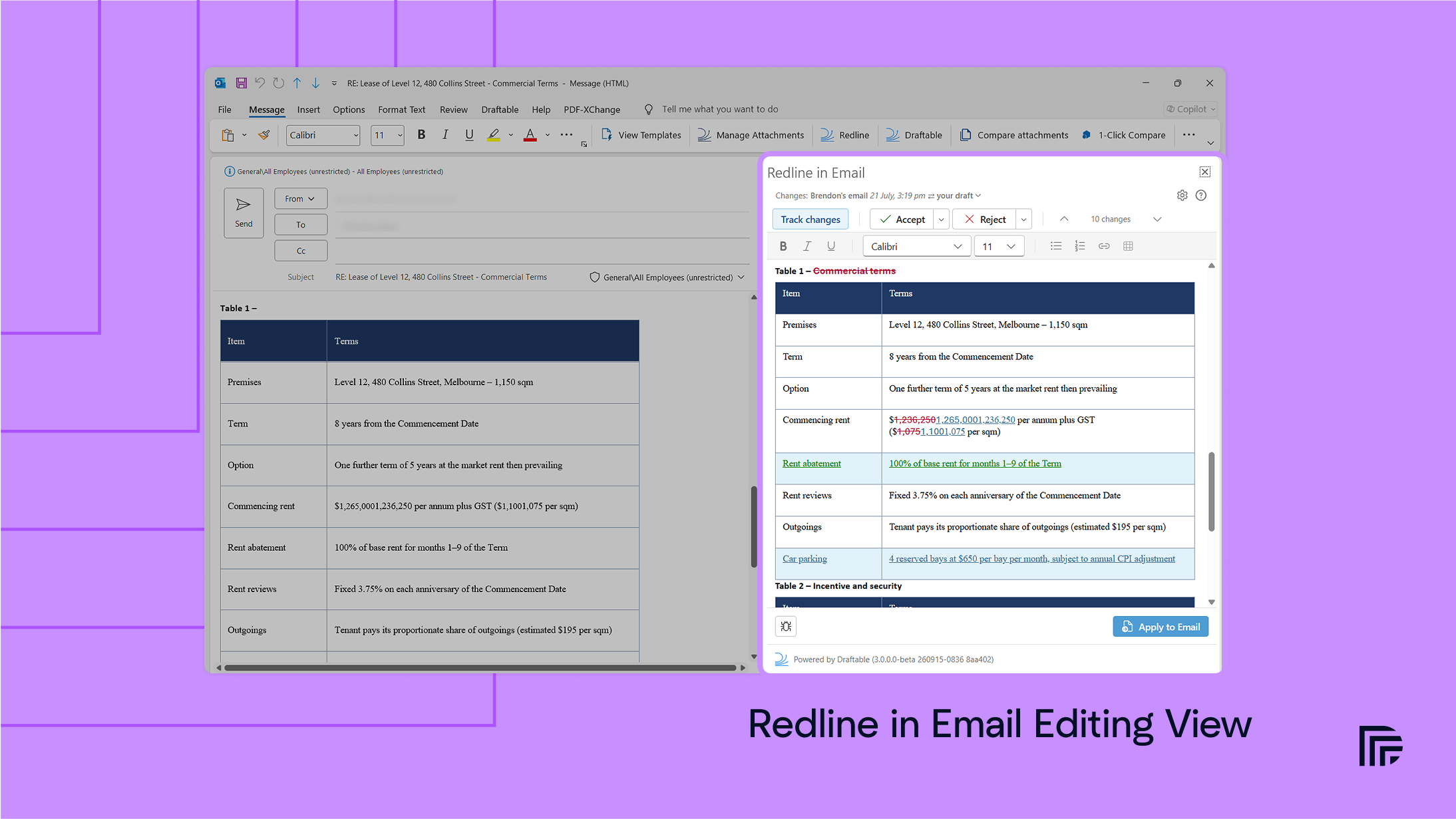 Redline in Email editing view in Outlook