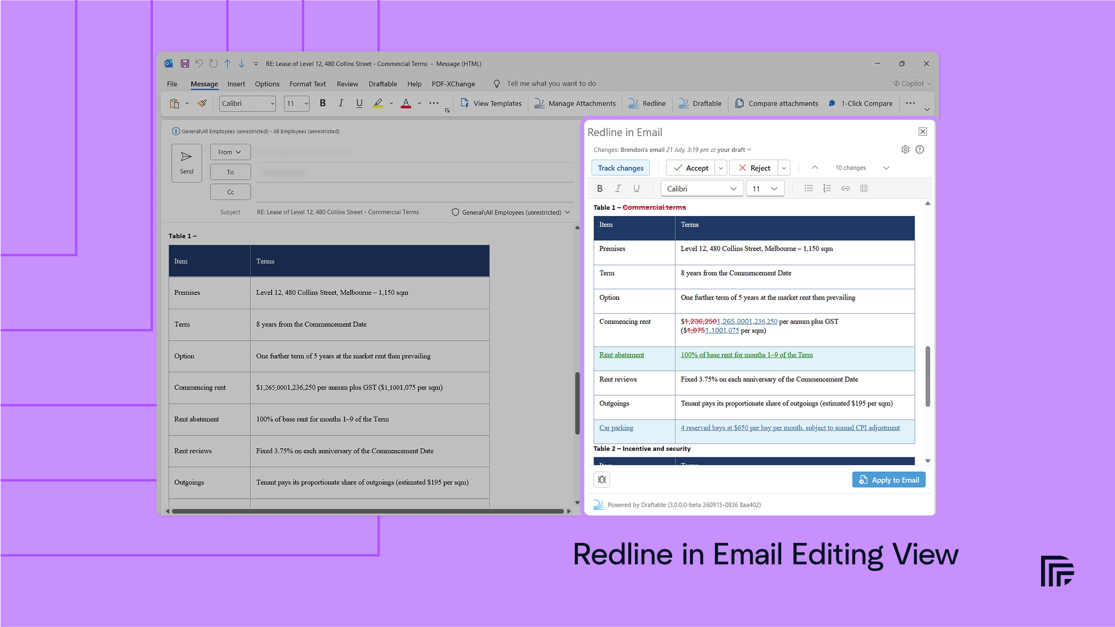 Redline in Email editing view in Outlook