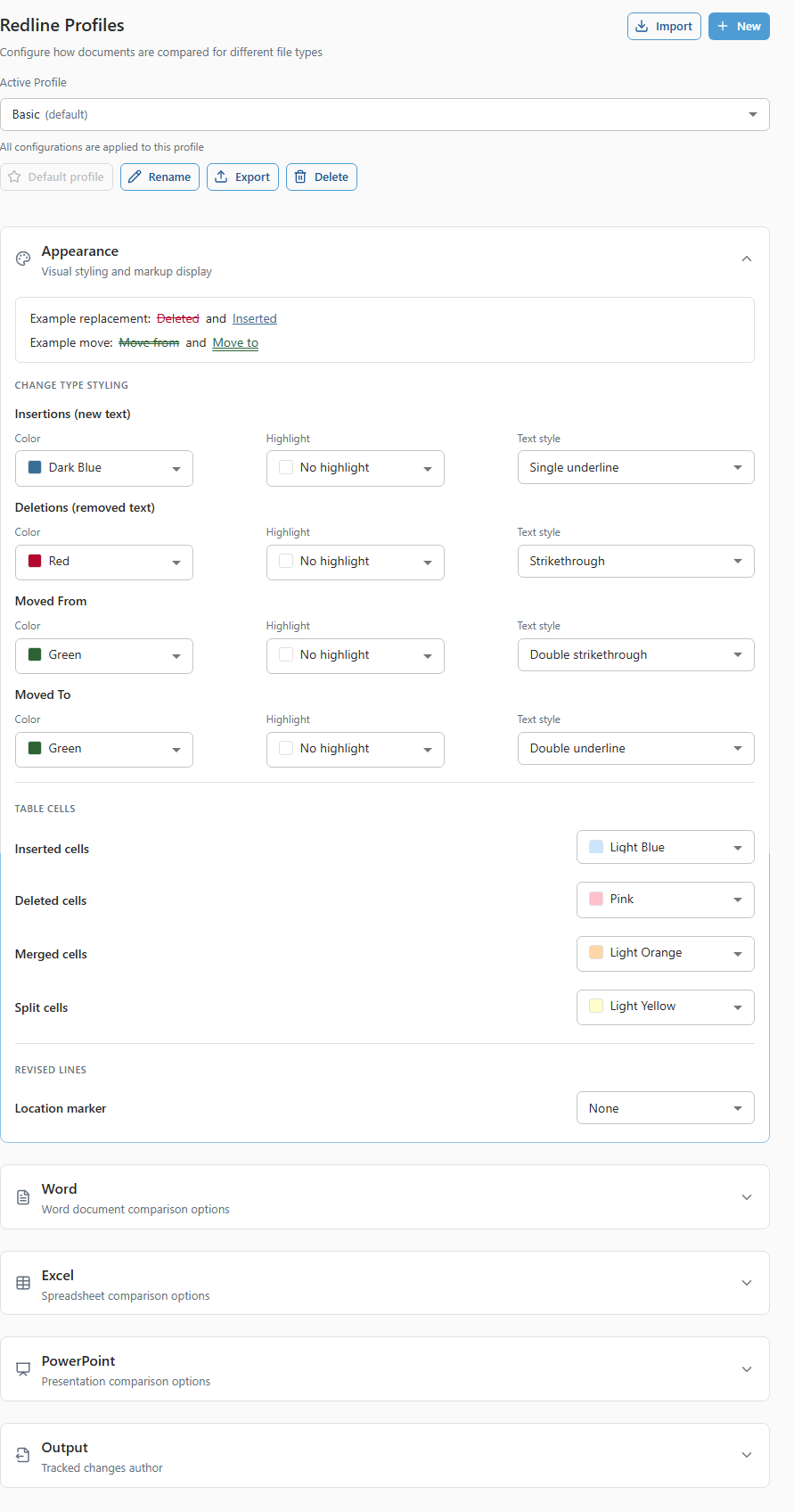 The Appearance section of Redline Profiles in 26.6, showing change type styling and table cell colours