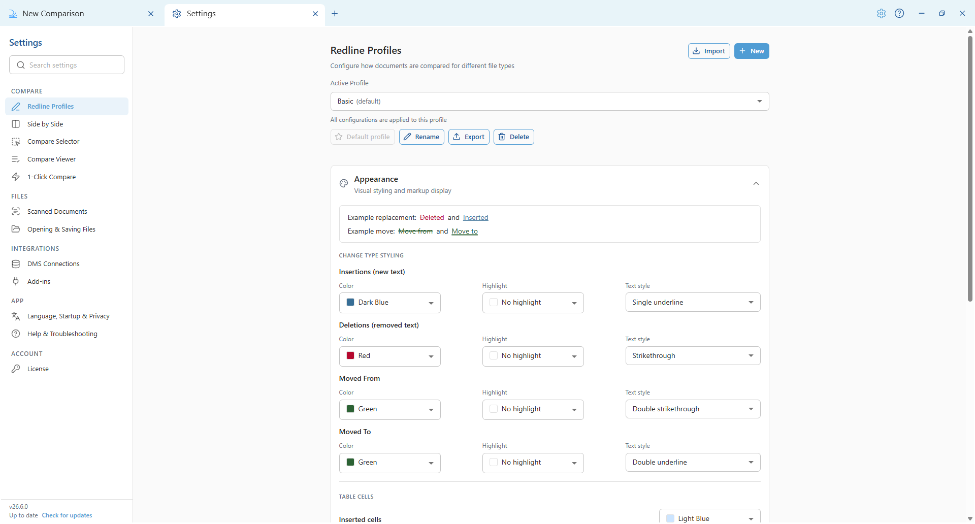The Redline Profiles settings in Draftable Legal 26.6