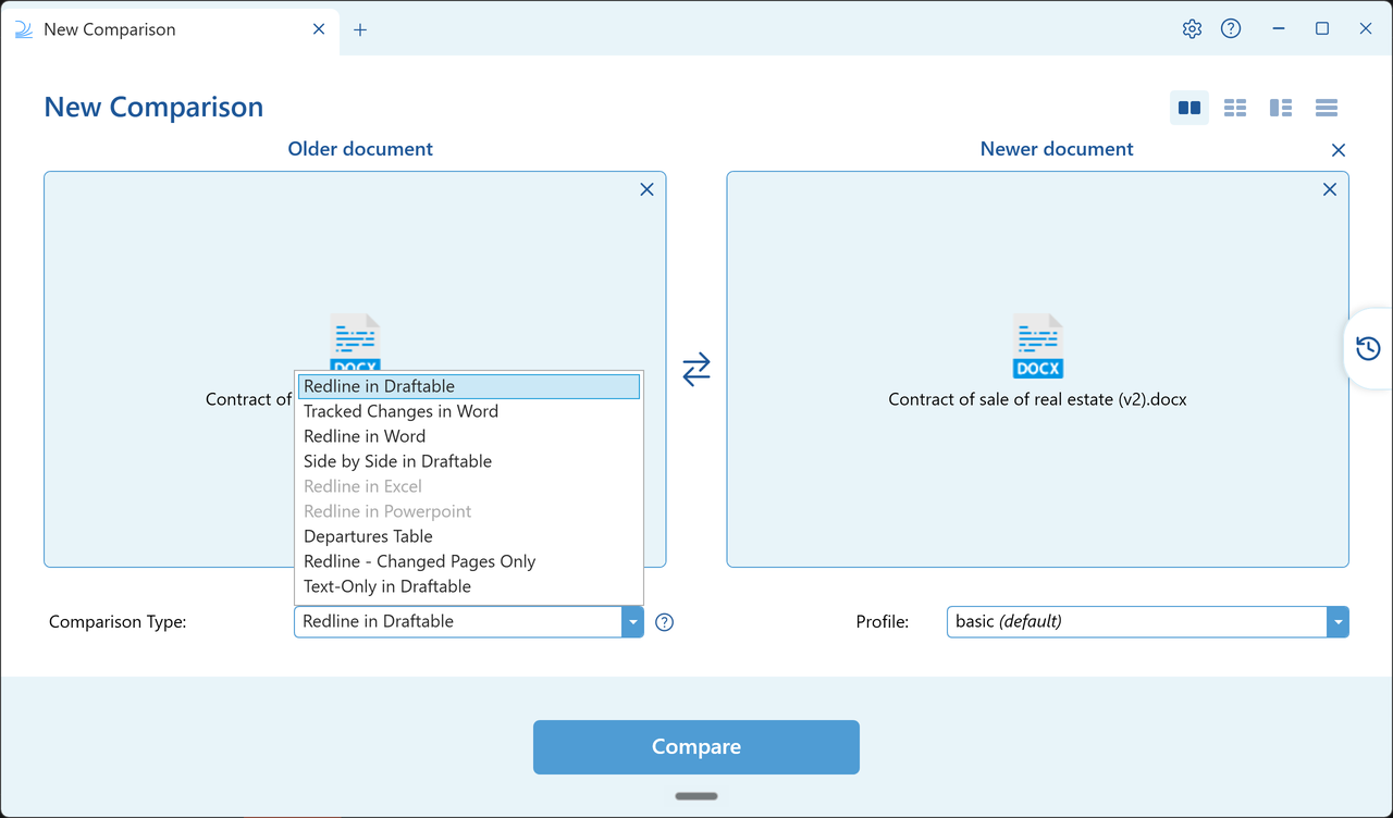The Comparison Type dropdown open, showing all nine options with the Excel and PowerPoint options greyed out
