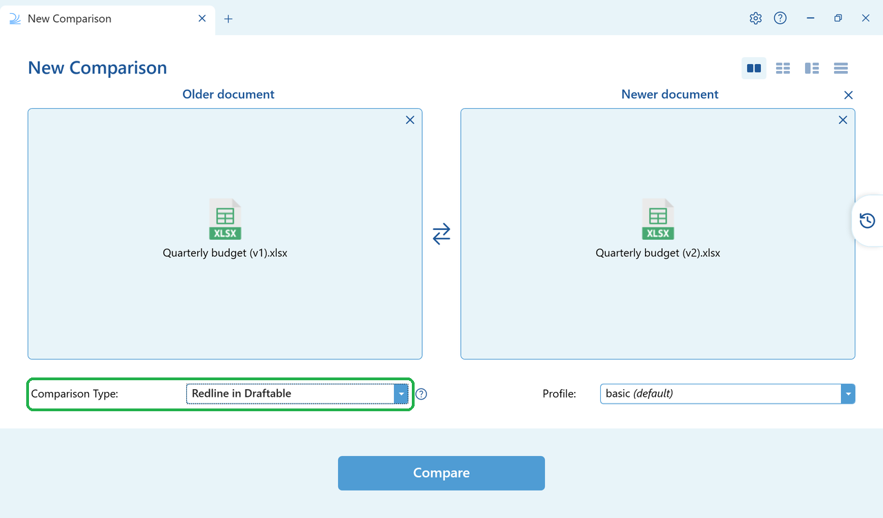 Redline in Draftable selected with two Excel files loaded