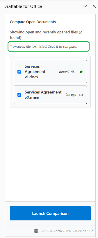 Compare Open showing two saved Word documents and the unsaved-file notice