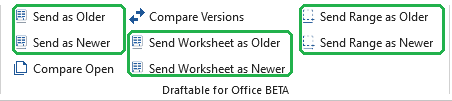 Draftable for Office 2.69 Excel ribbon with spreadsheet and range commands highlighted