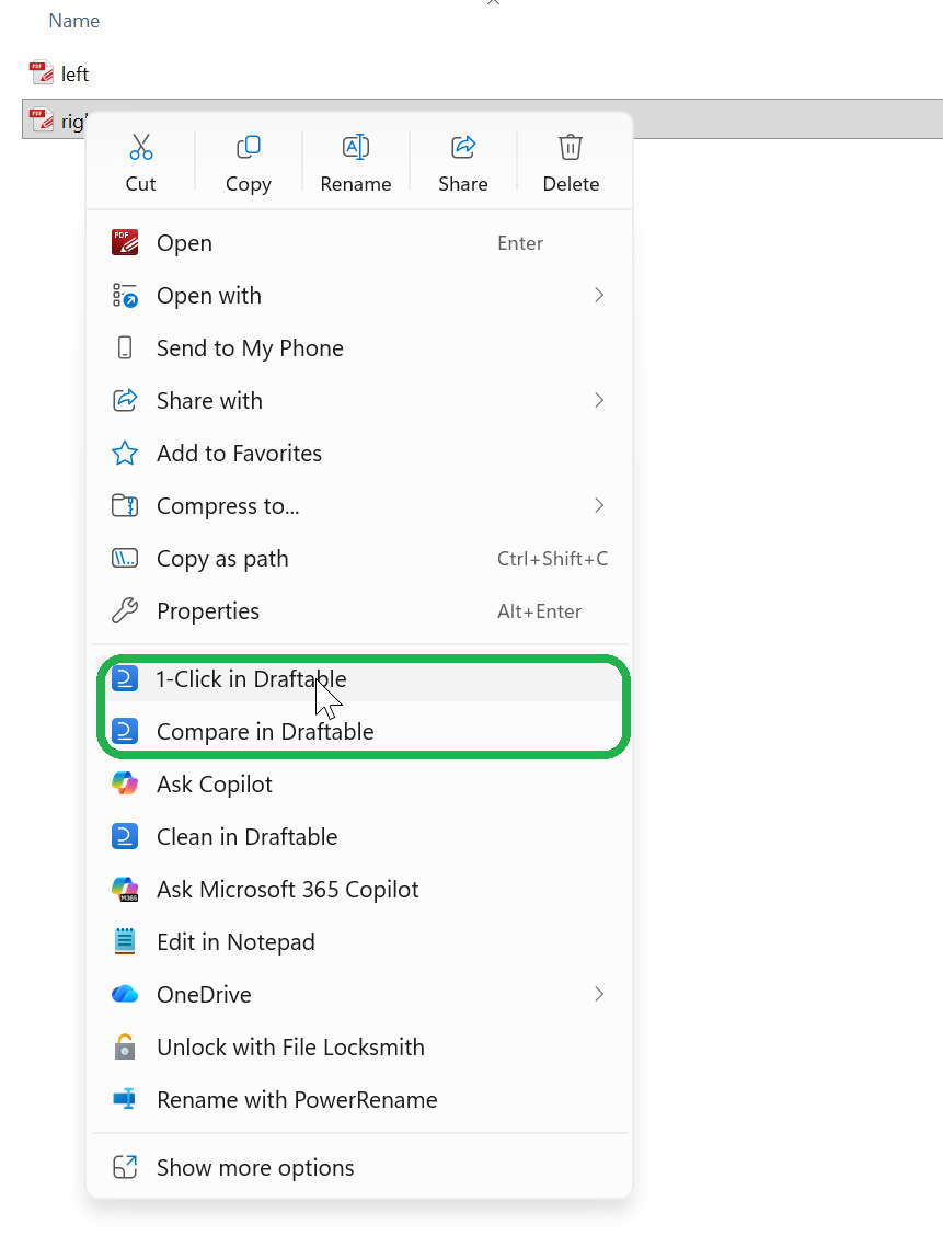 Windows 11 right-click menu showing the Compare in Draftable and 1-Click in Draftable commands