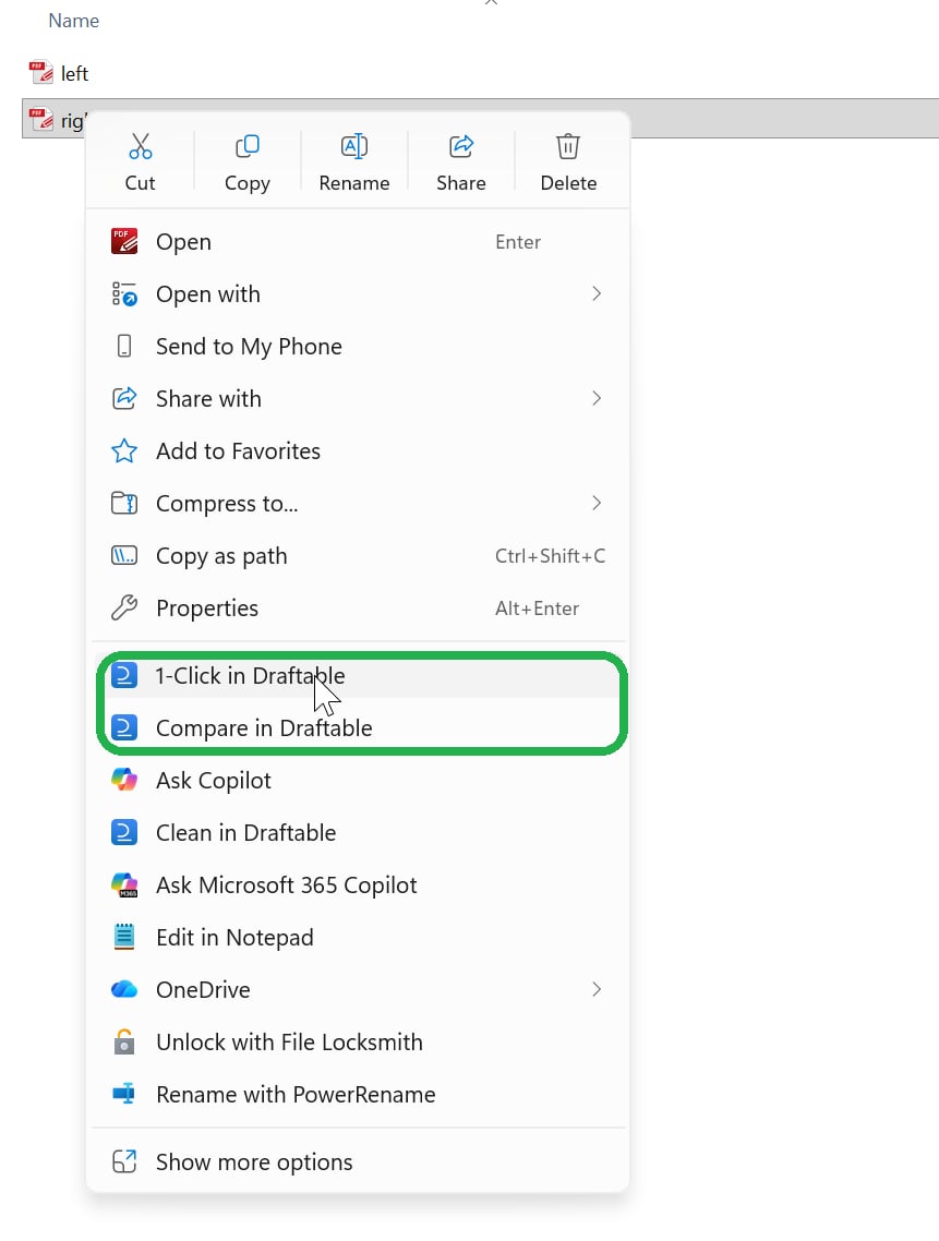Windows 11 right-click menu showing the Compare in Draftable and 1-Click in Draftable commands