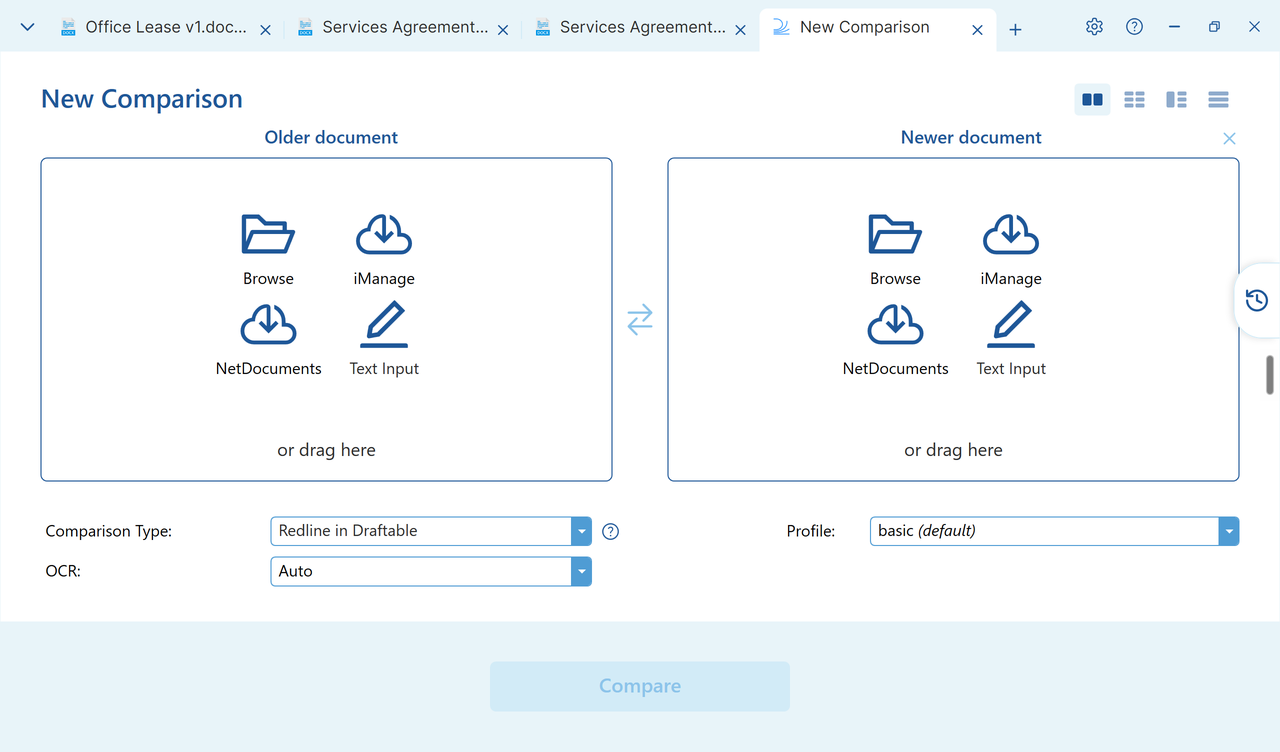 New Comparison screen in the tabbed main window