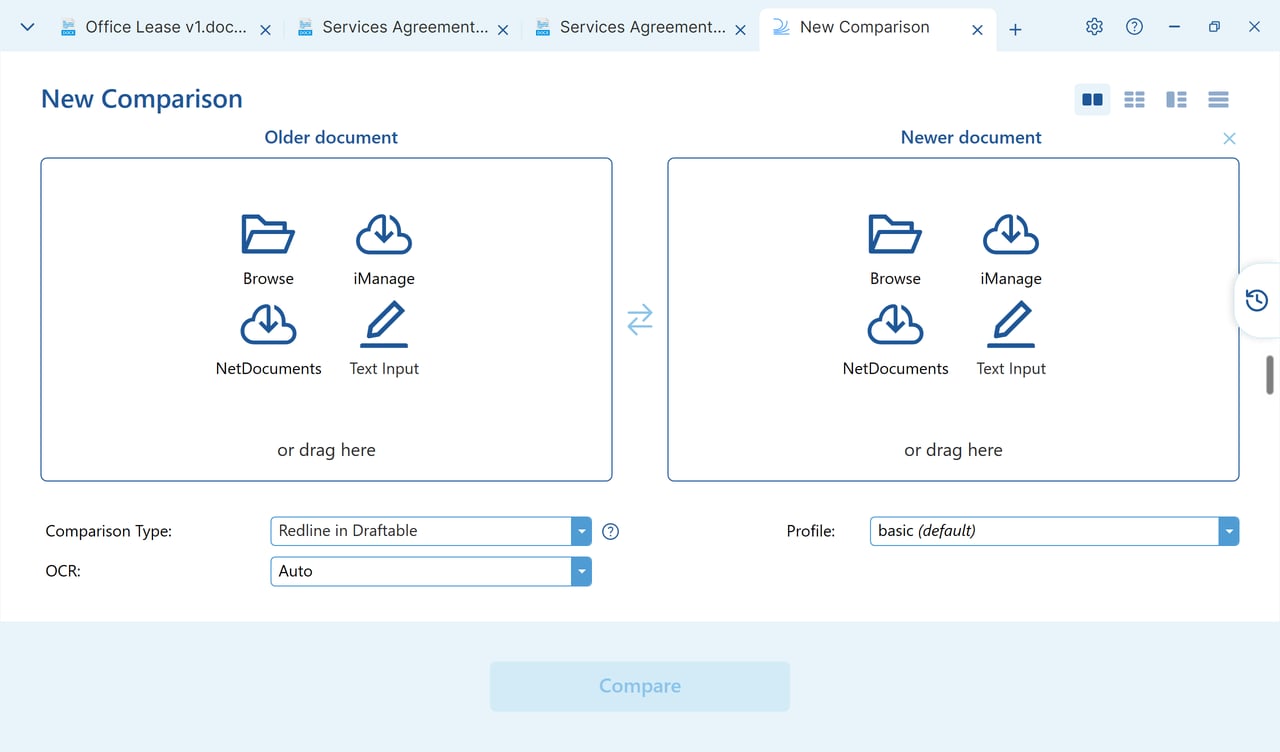 New Comparison screen in the tabbed main window