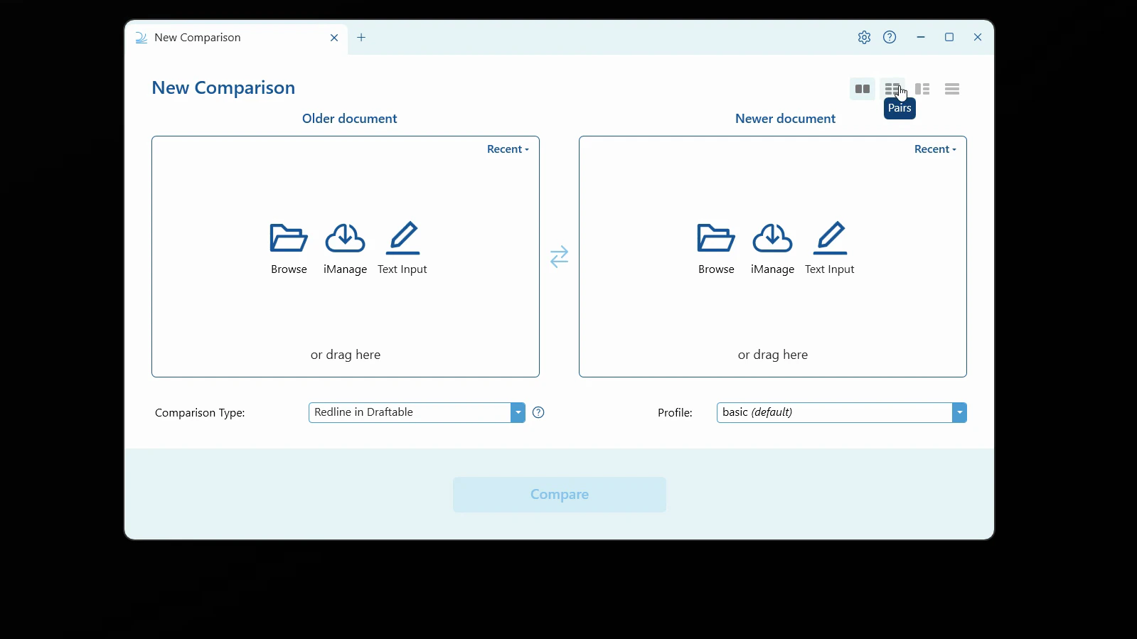 The New Comparison window with the Bulk Compare layout icons, showing the Pairs tooltip