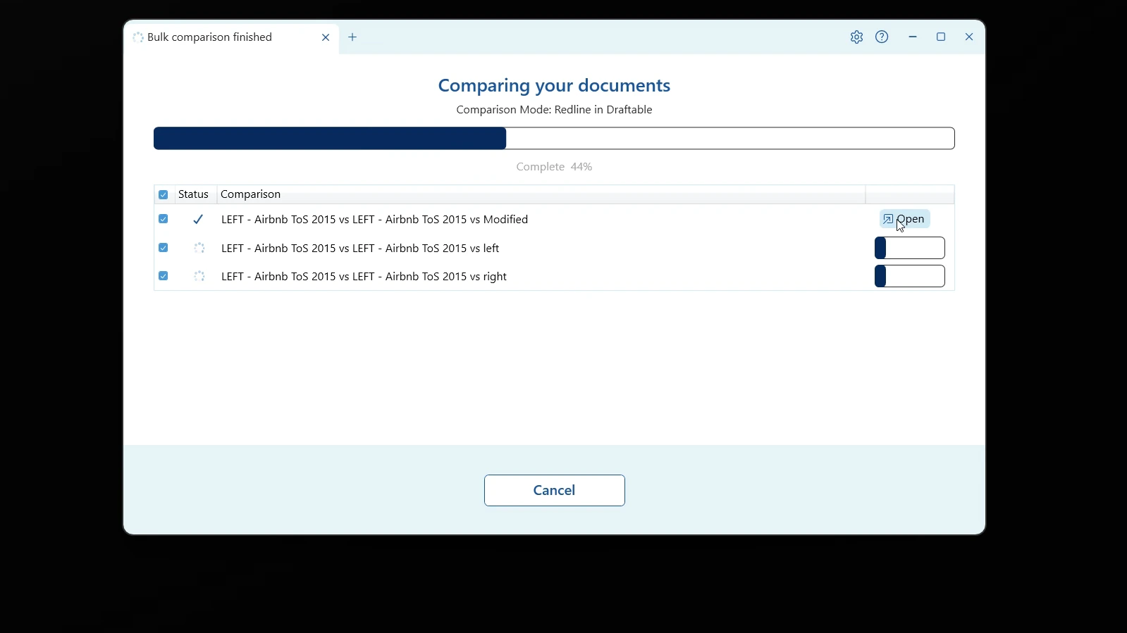 One-to-Many comparisons running in parallel, with results opening as they finish