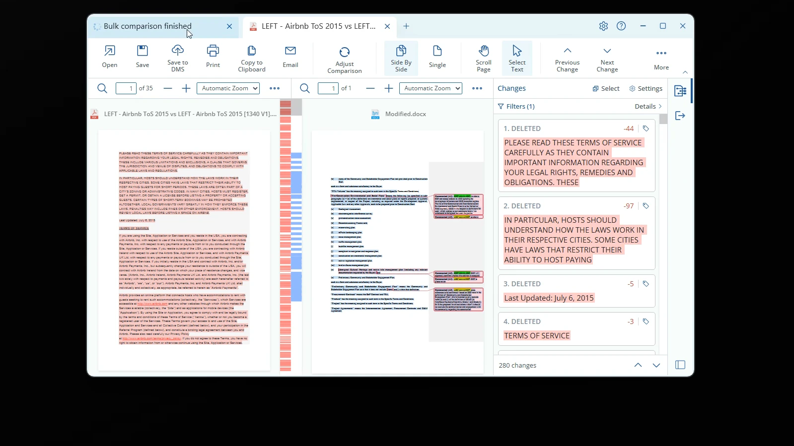 Reviewing a completed comparison in the Draftable viewer
