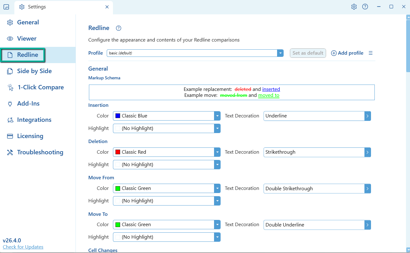 The Redline settings tab on Draftable Legal versions before 26.6