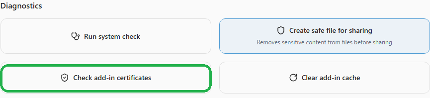 The Diagnostics section of the Help and Troubleshooting settings in Draftable Legal 26.6, with the Check add-in certificates button highlighted