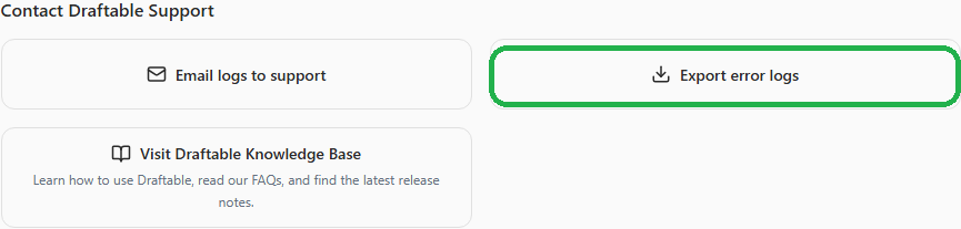 The Contact Draftable Support section in Draftable Legal 26.6, with the Export error logs button highlighted