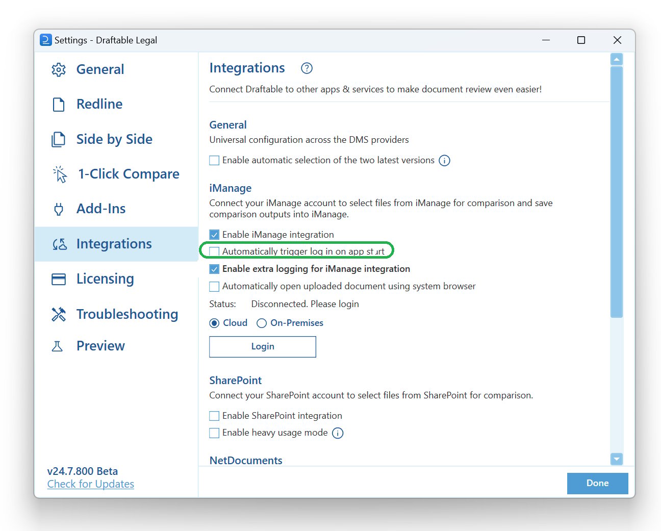Automatically trigger log in setting in Draftable Legal versions before 26.6