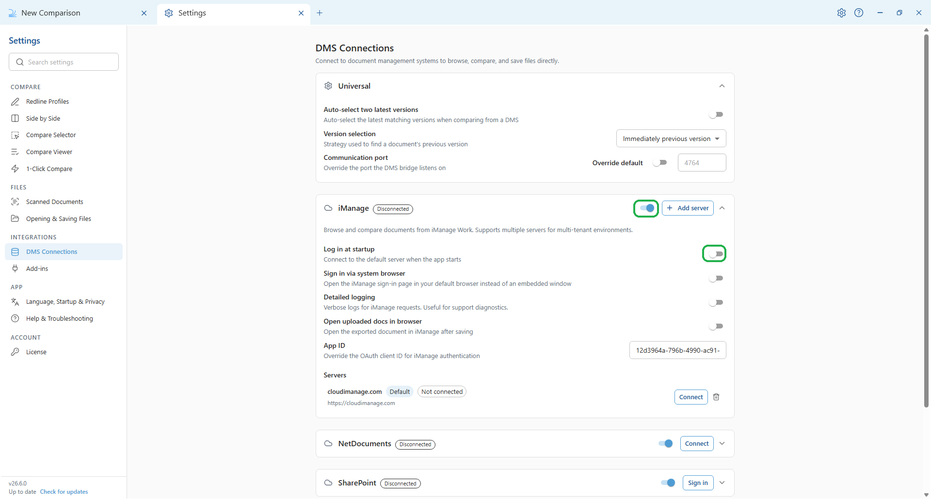 The DMS Connections pane in Draftable Legal 26.6 with the iManage section expanded
