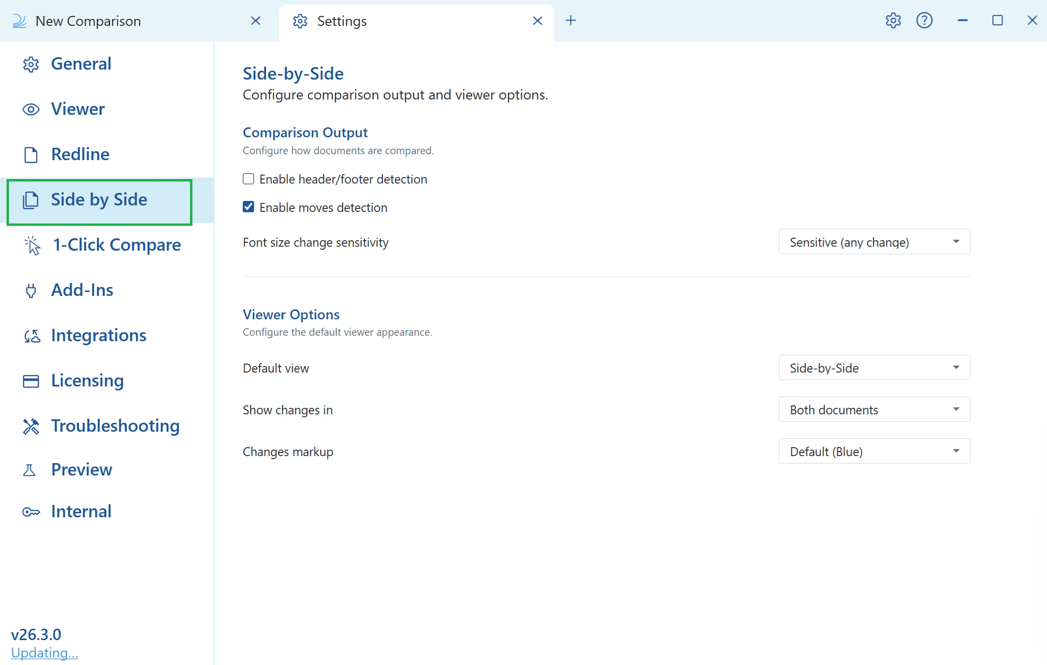 Side by Side settings in Draftable Legal v26.3